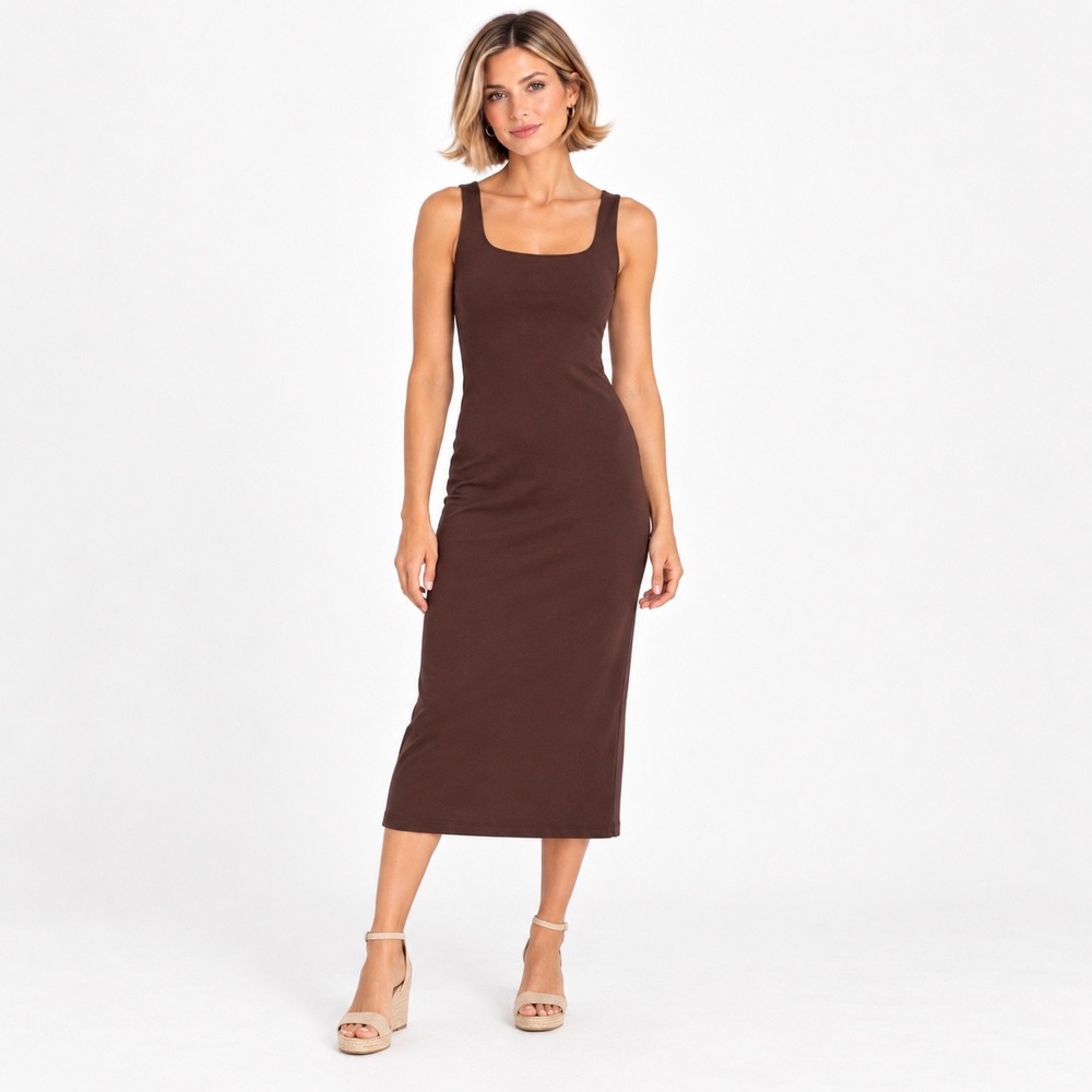 Aritzia Babaton Contour Square Neck Midi Dress Coffee Brown Bodycon S
